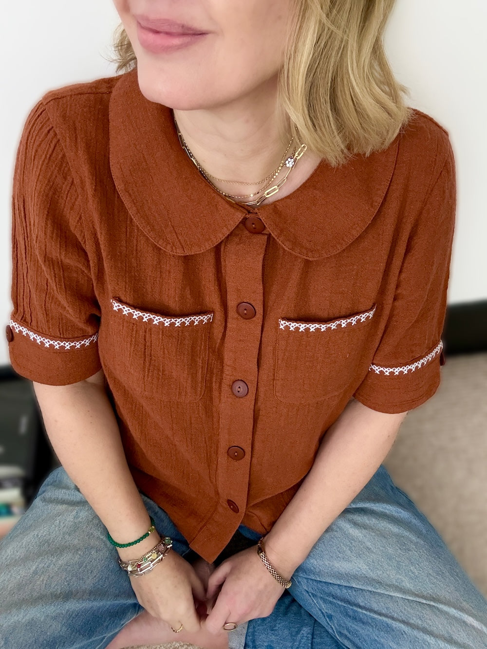 Farrah Crinkle Linen Blend Embroidered Short Sleeve Blouse Gingerbread Brown