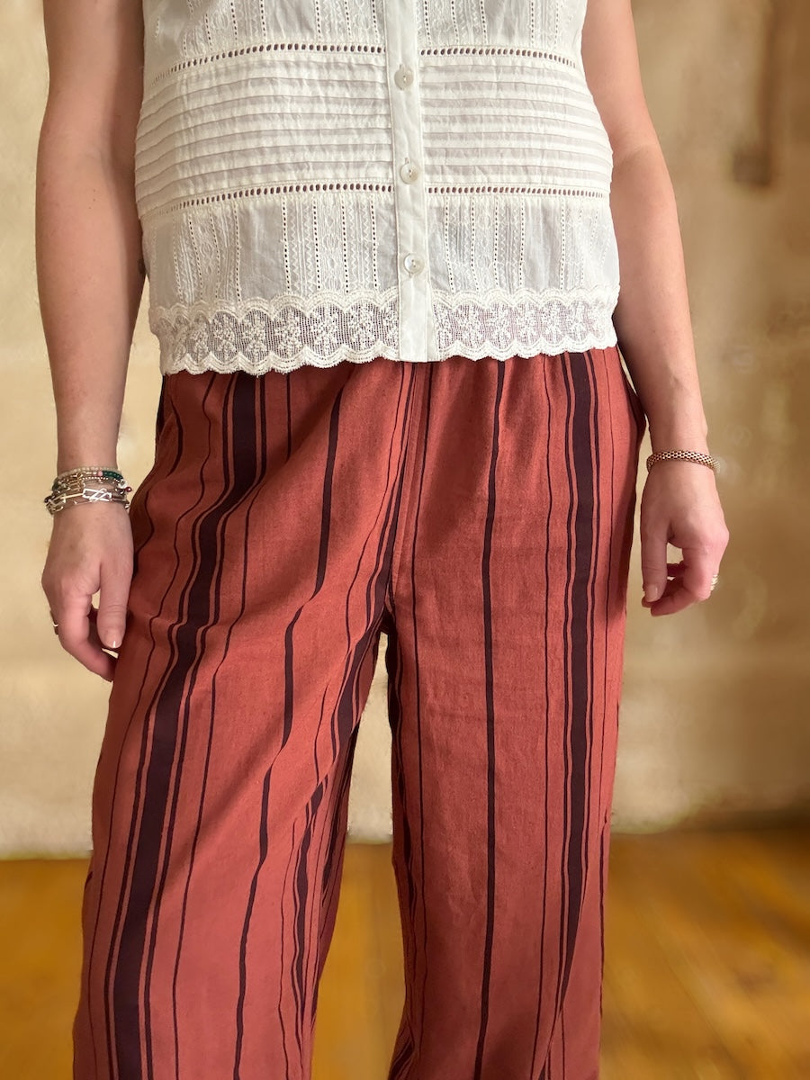 Imogen Linen Cotton Blend Russet Brown Striped Relaxed Trousers