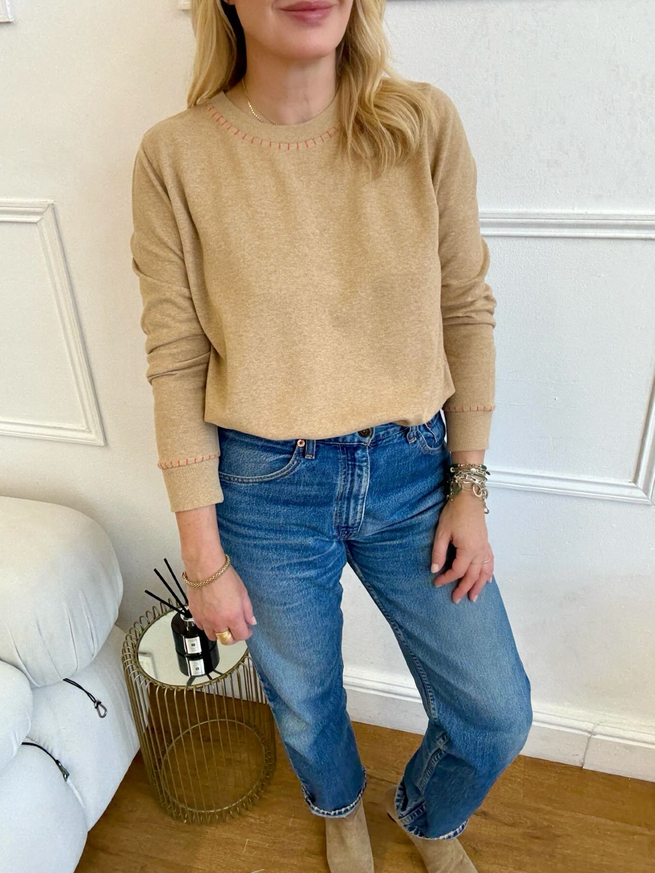 Maeve Fine Knit Blanket Stitch Sweatshirt Camel
