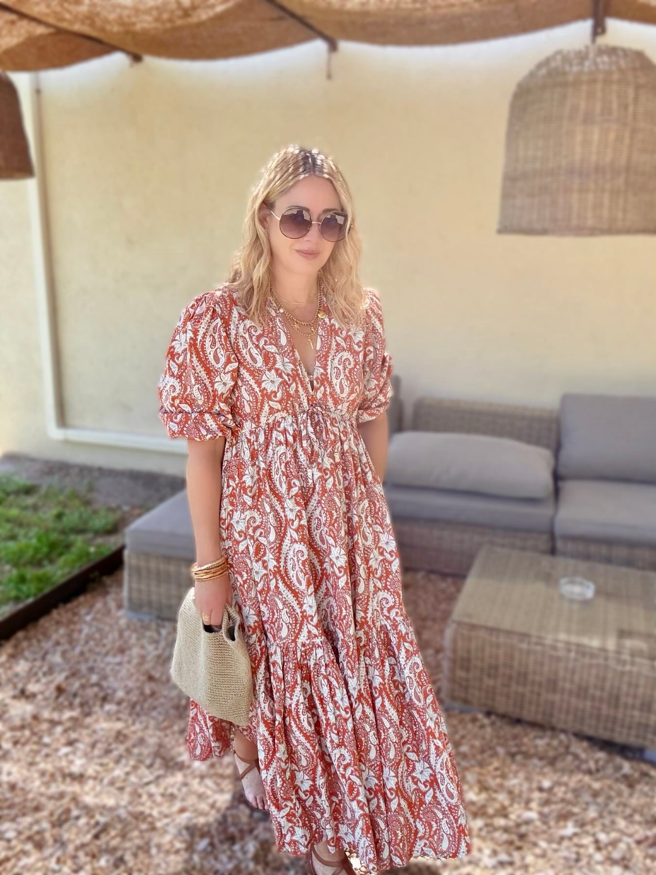 Vanessa Long Tiered Dress Floral Paisley Print Burnt Orange