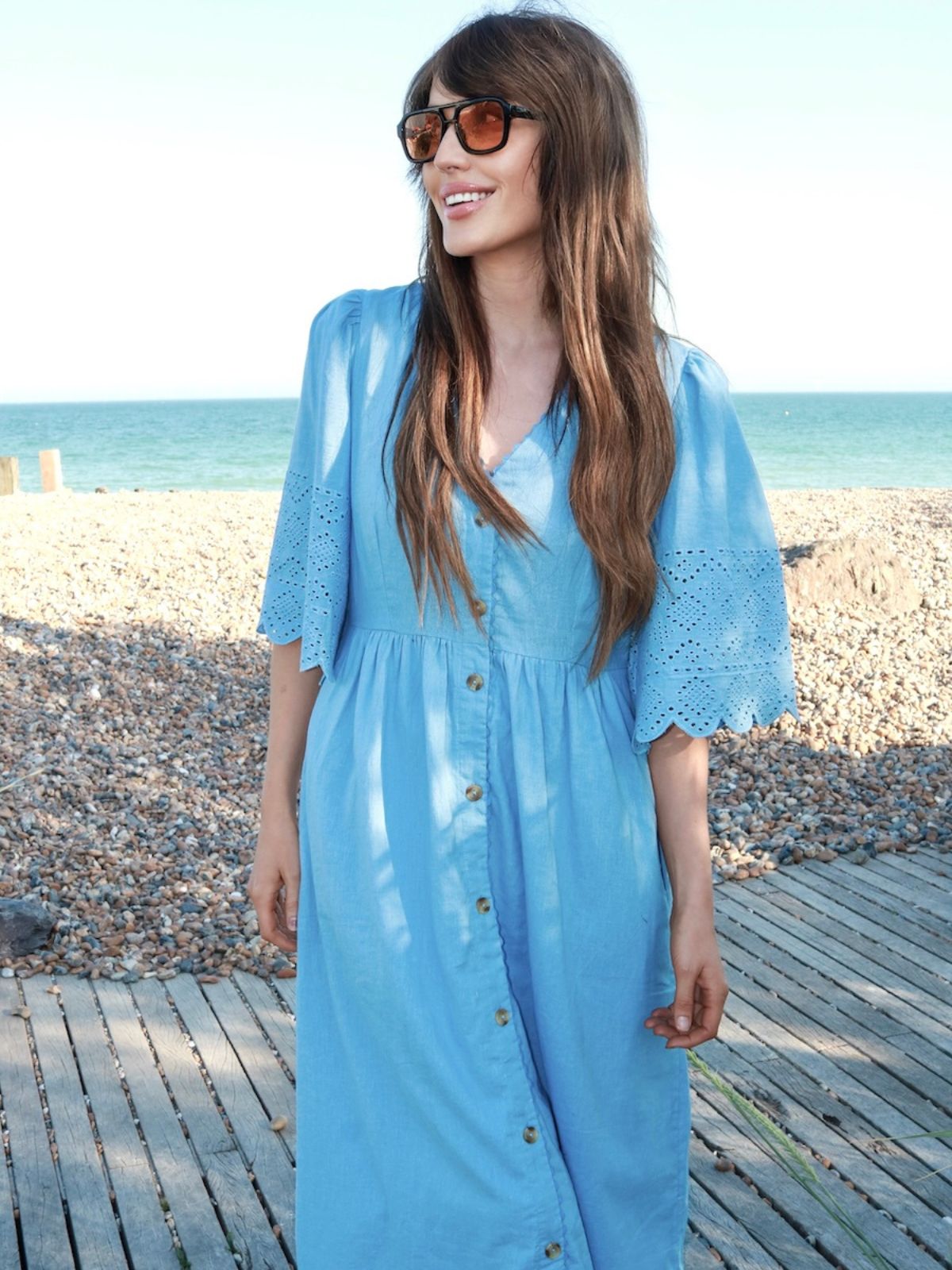 Ava Button Front Dress Lace Cut Sleeves Sky Blue