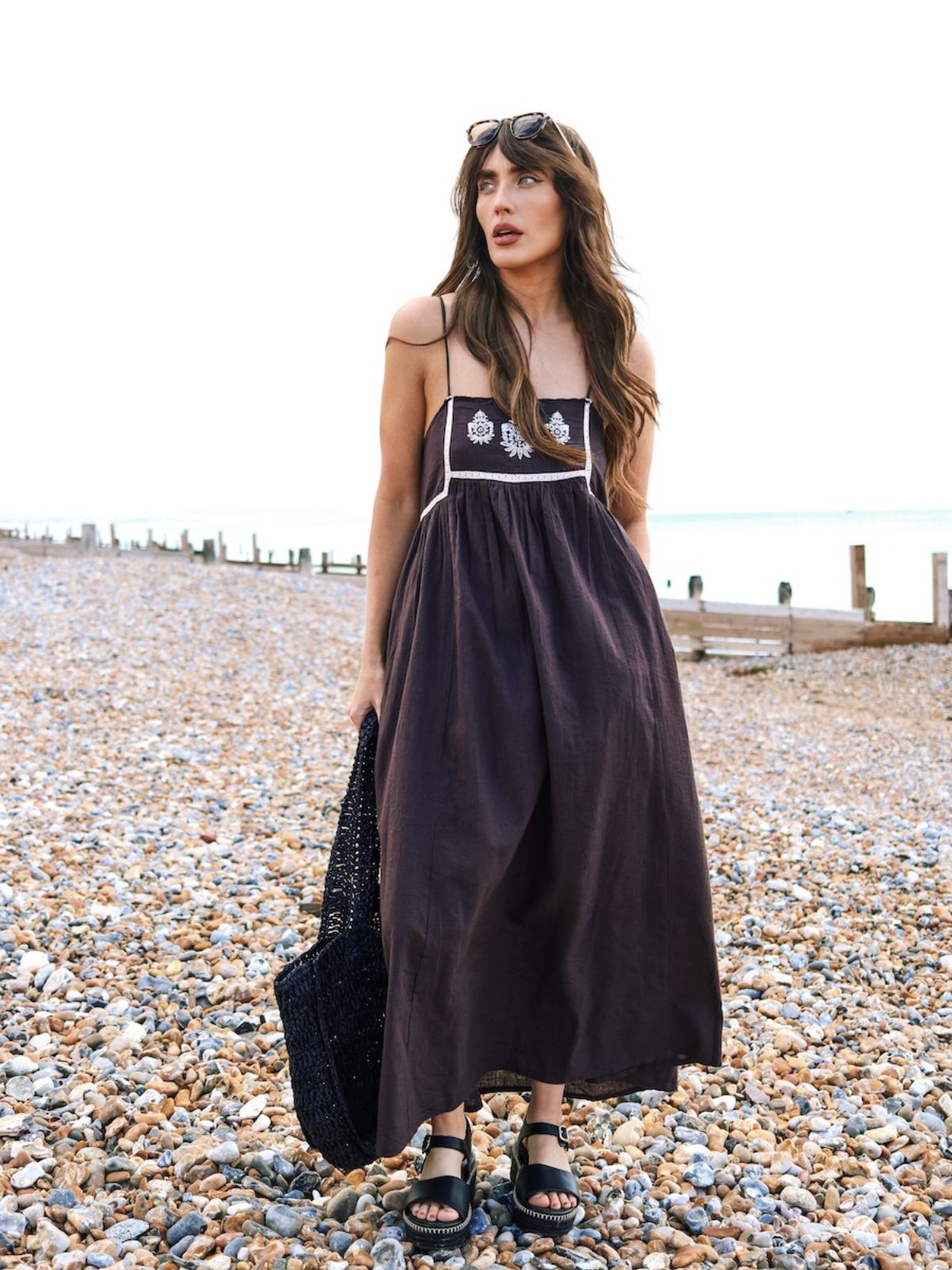 Florence Embroidered Linen Maxi dress Dark Liquorice Brown
