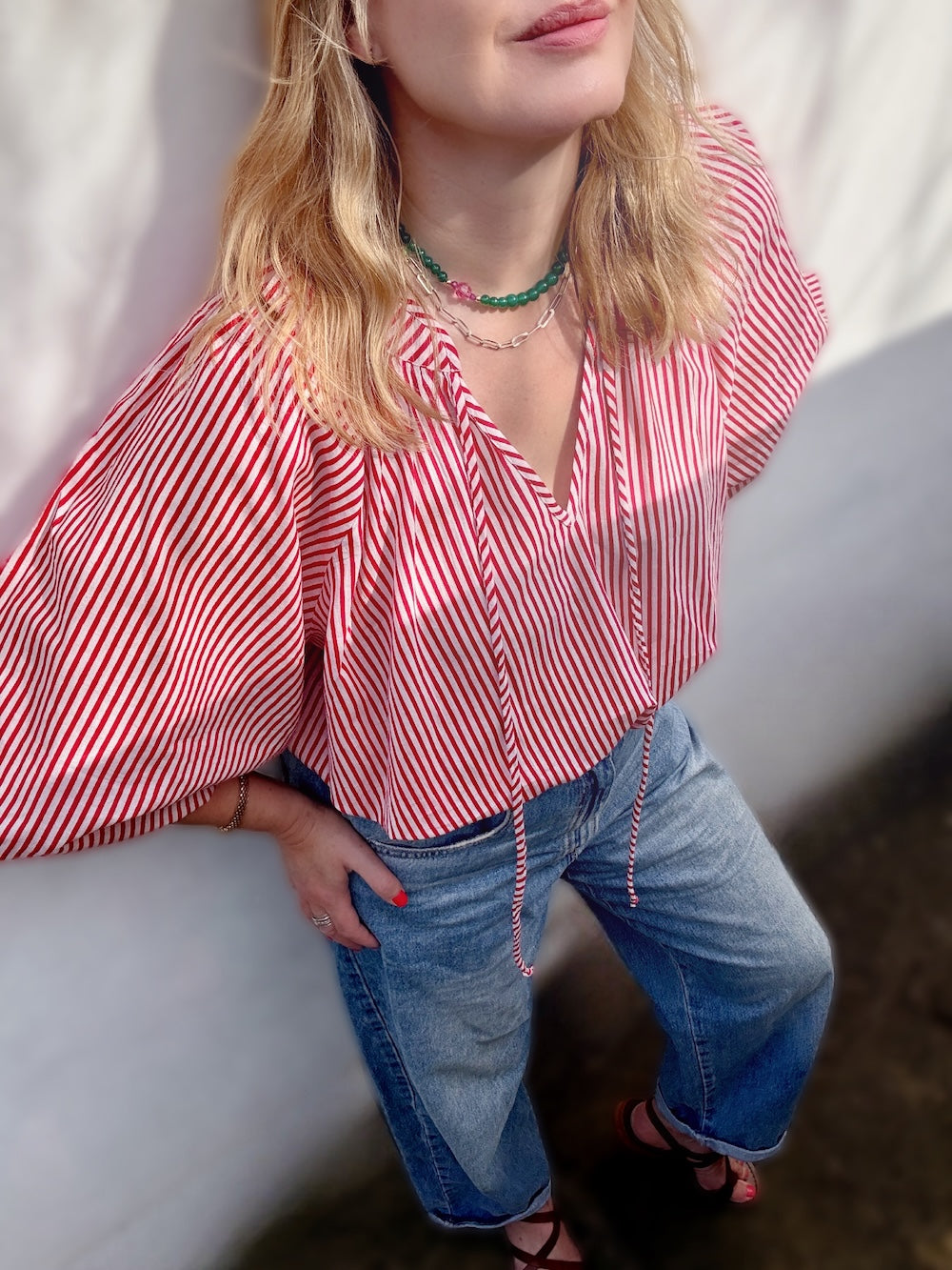 Emily Stripe Poet Blouse Organic Cotton Red