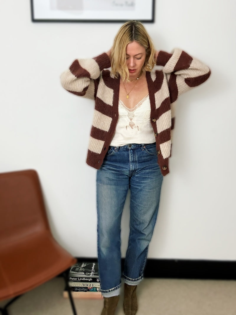 Joni Wide Stripe Wool Cardigan Brown Beige