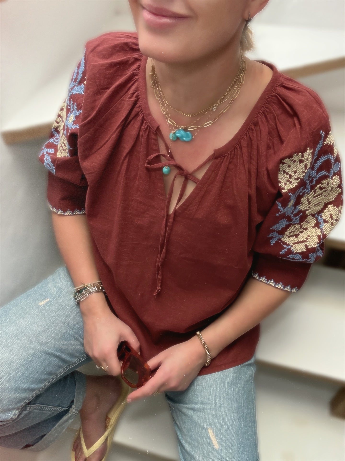 Gracey Boho Blouse Embroidered Sleeve Brandy Brown