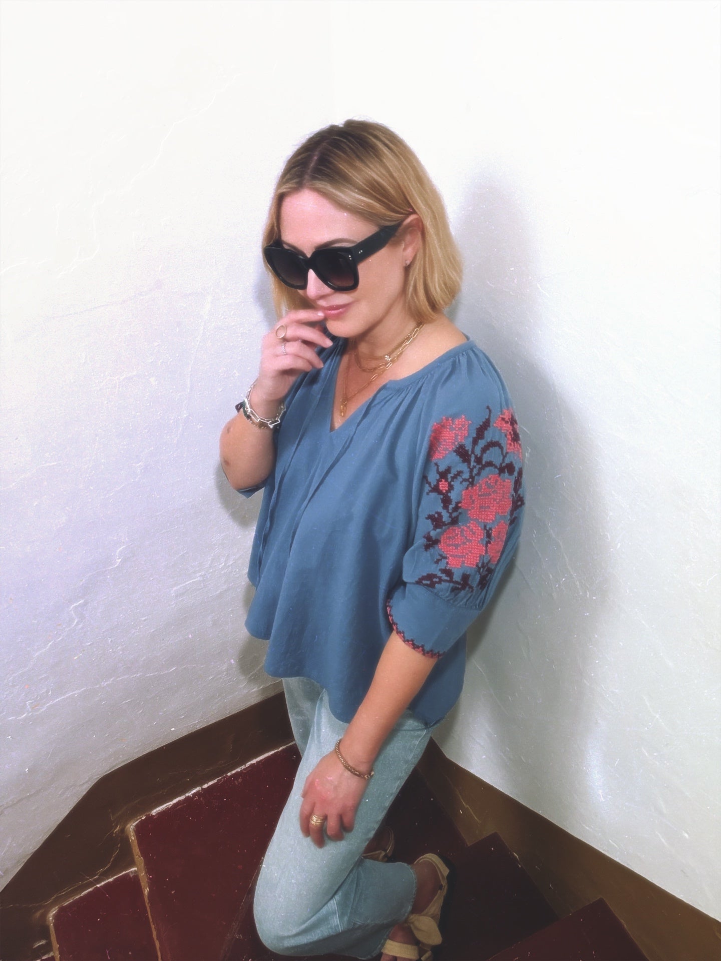 Gracey Boho Blouse Embroidered Sleeve Denim Blue