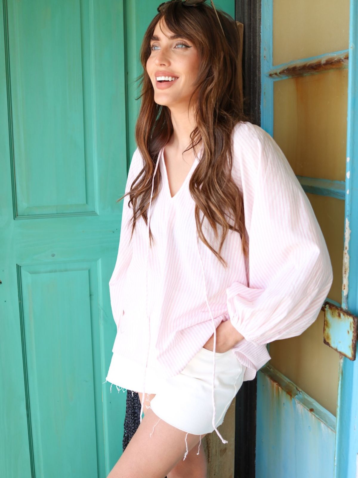 Emily Poet Blouse Soft Pink Stripe