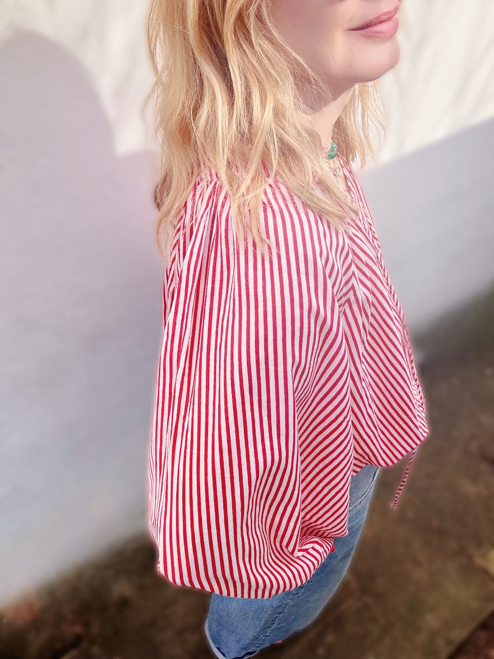 Emily Stripe Poet Blouse Organic Cotton Red