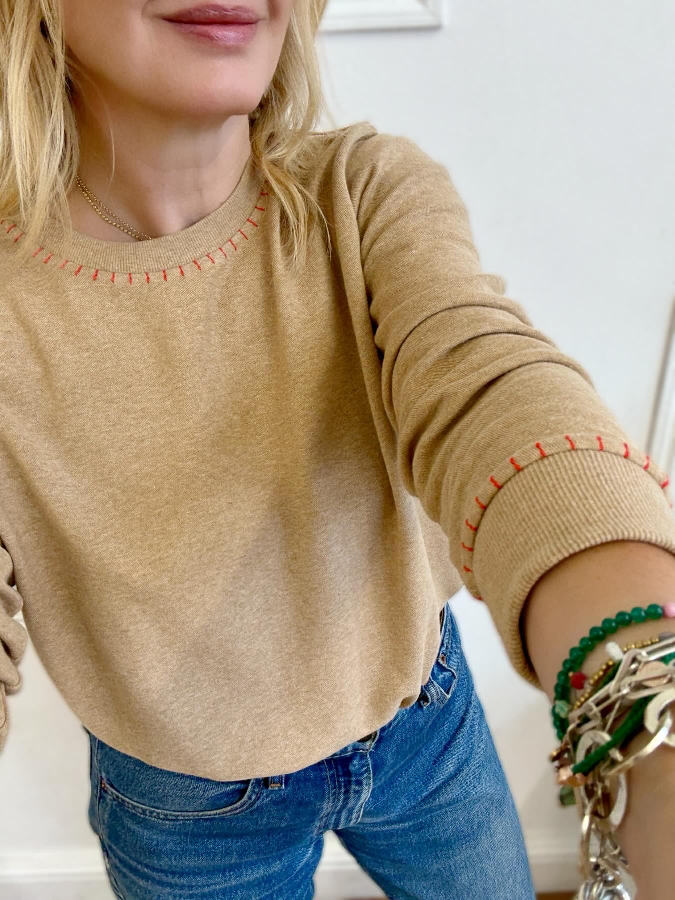 Maeve Fine Knit Blanket Stitch Sweatshirt Camel