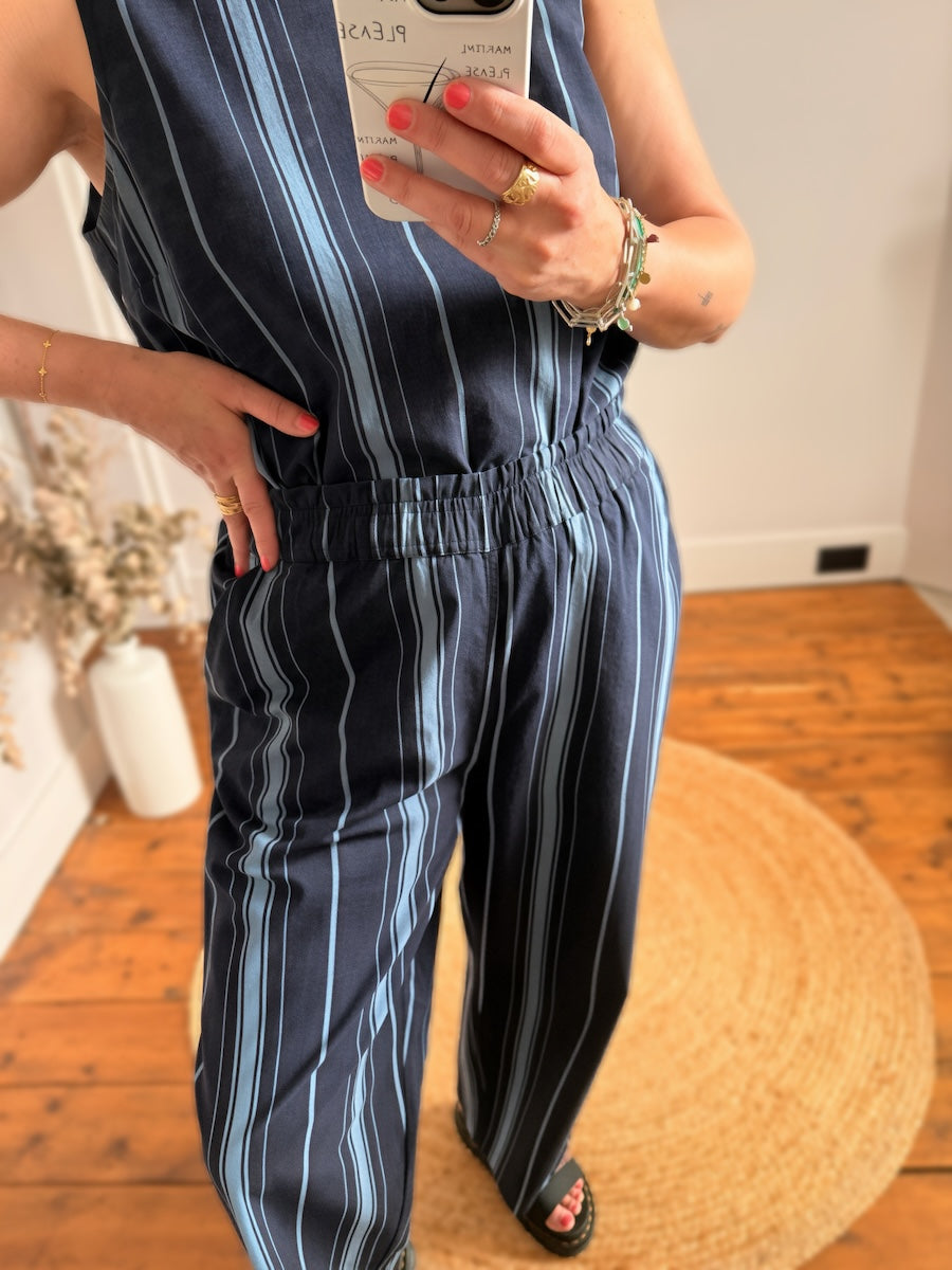 Imogen Linen Cotton Blend Blue Striped Relaxed Trousers