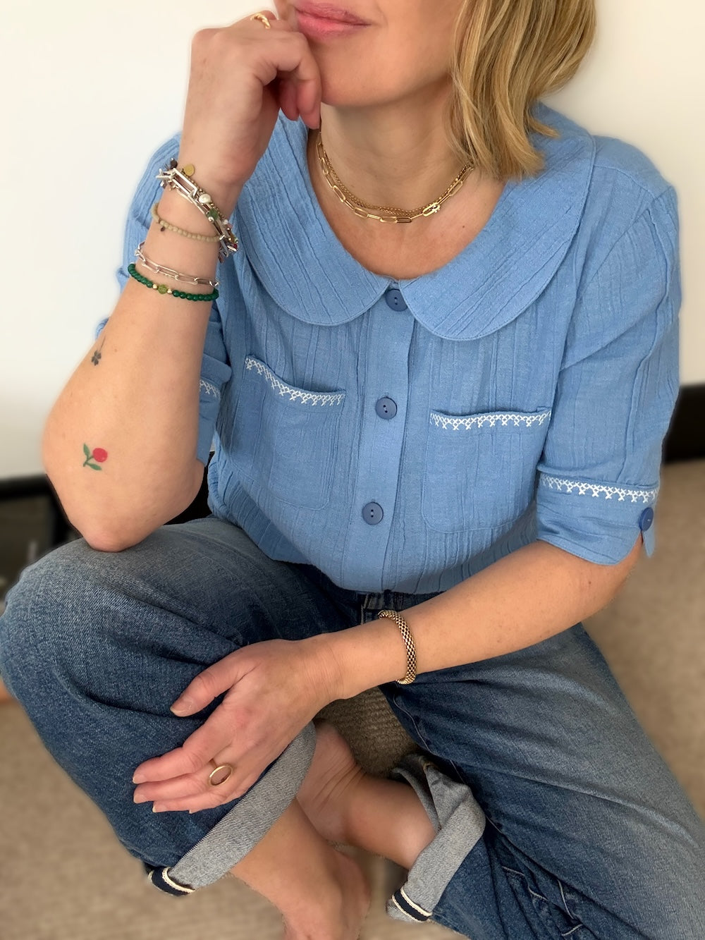 Farrah Crinkle Linen Blend Embroidered Short Sleeve Blouse Sky Blue