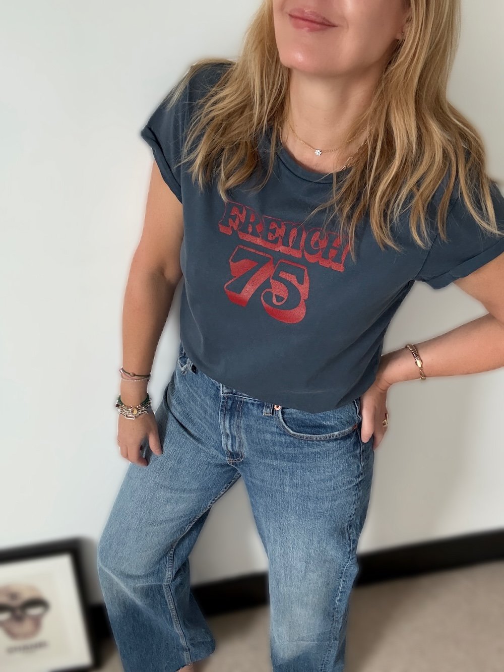 French 75 tee Stone Wash Denim and red | fwp by rae t-shirts