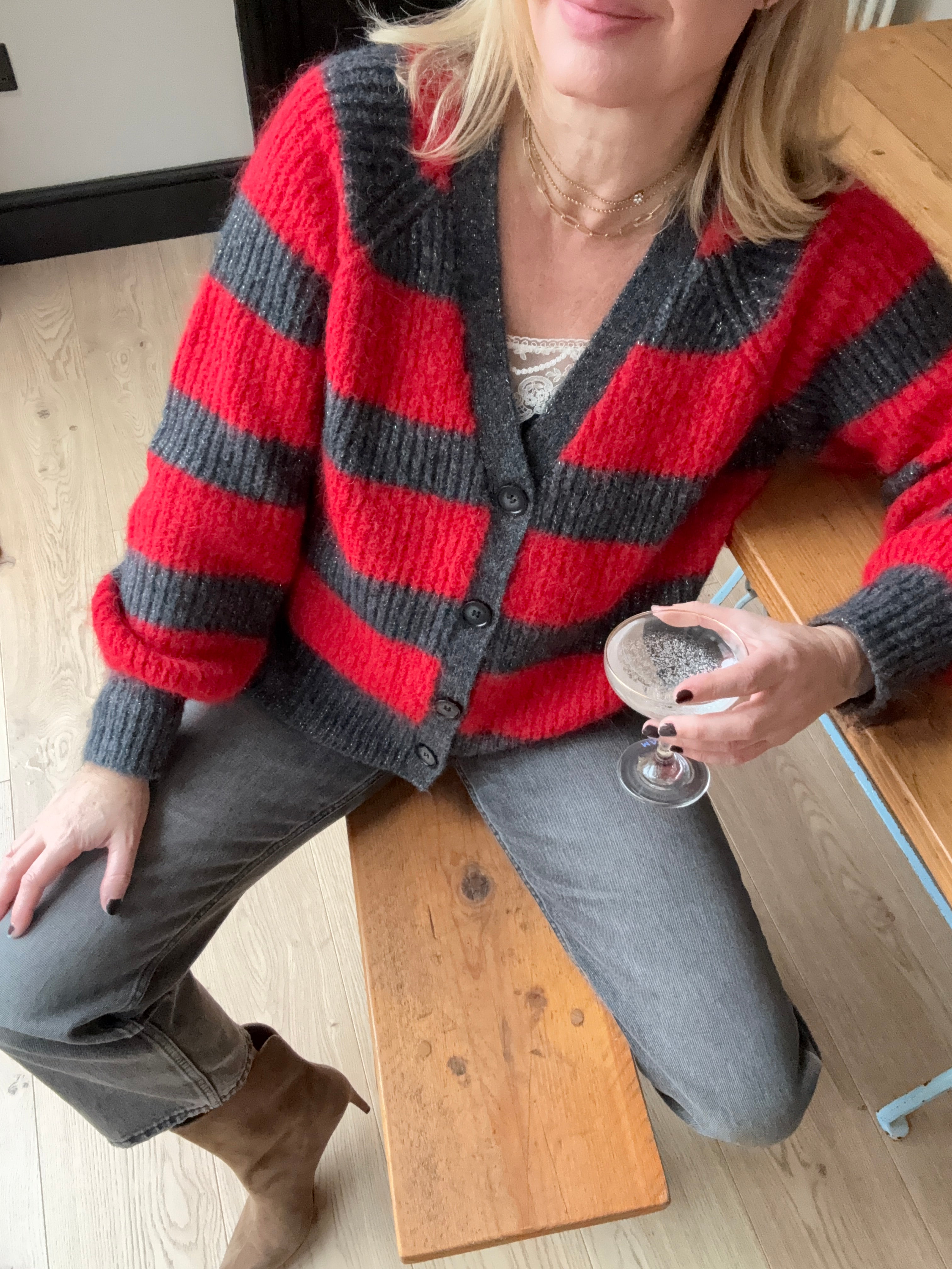 Joni Wide Stripe Wool Cardigan Red Charcoal
