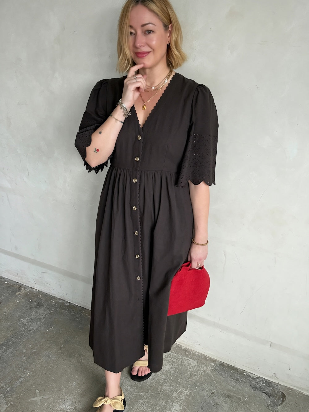 Ava Button Front Dress Lace Cut Sleeves Deep Chocolate Brown