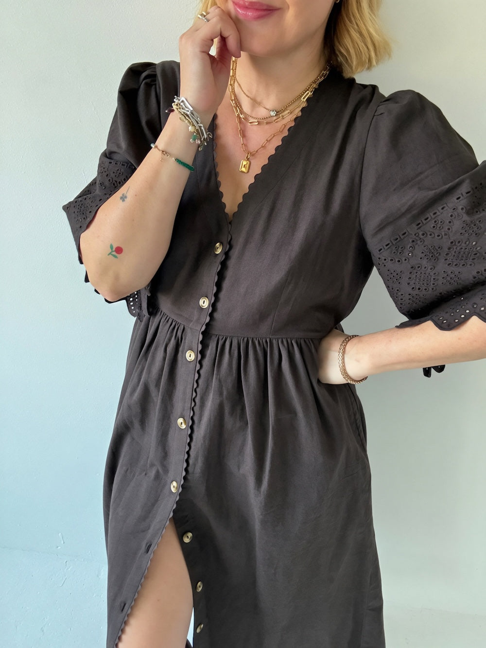 Ava Button Front Dress Lace Cut Sleeves Deep Chocolate Brown