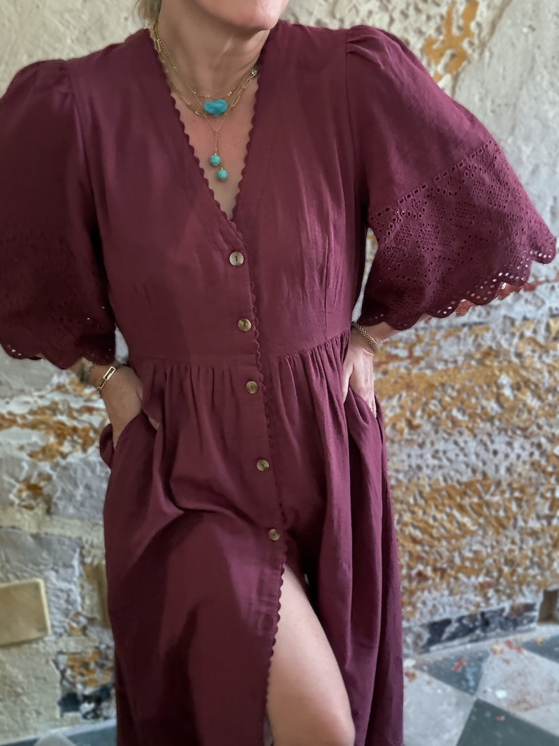 Ava Button Front Dress Lace Cut Sleeves Berry