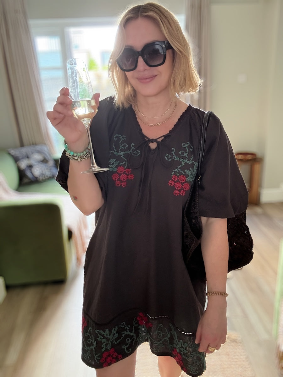 Wendy Short Linen Blend Embroidered Dress Dark Liquorice Brown