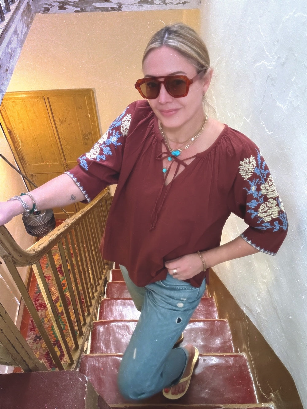 Gracey Boho Blouse Embroidered Sleeve Brandy Brown