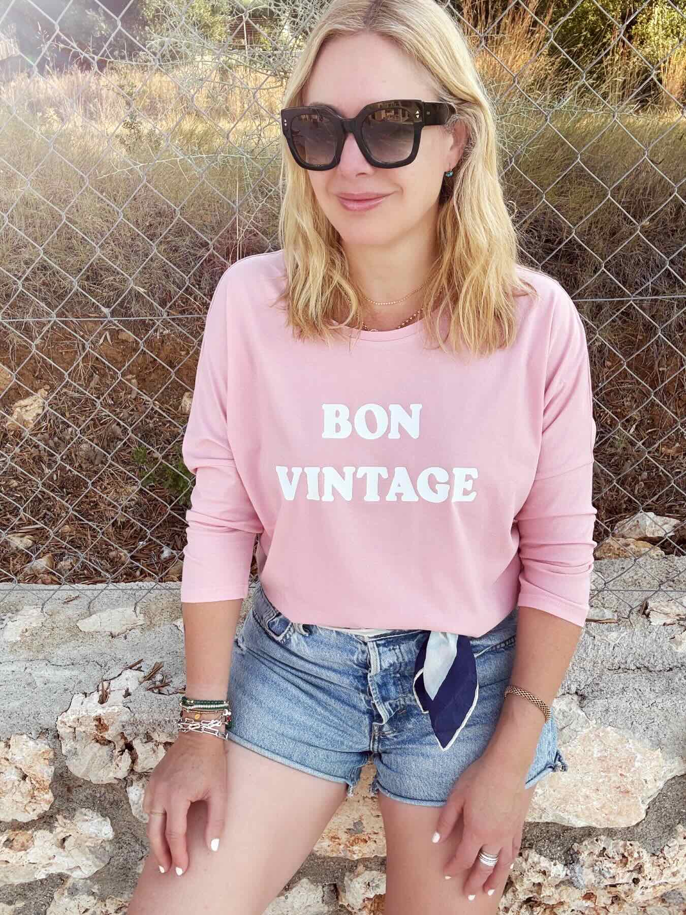 Bon Vintage 3/4 Sleeve Organic Cotton Top Pink White