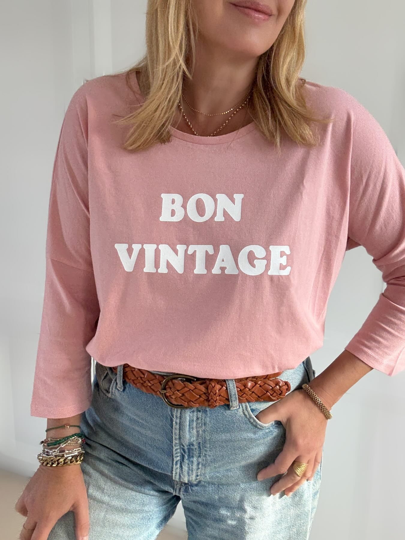 Bon Vintage 3/4 Sleeve Organic Cotton Top Pink White