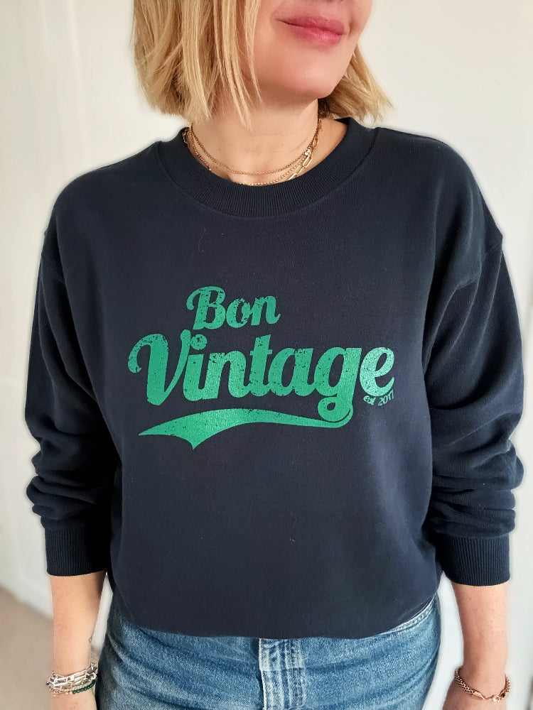 Bon Vintage Retro slogan sweatshirt Navy and Green