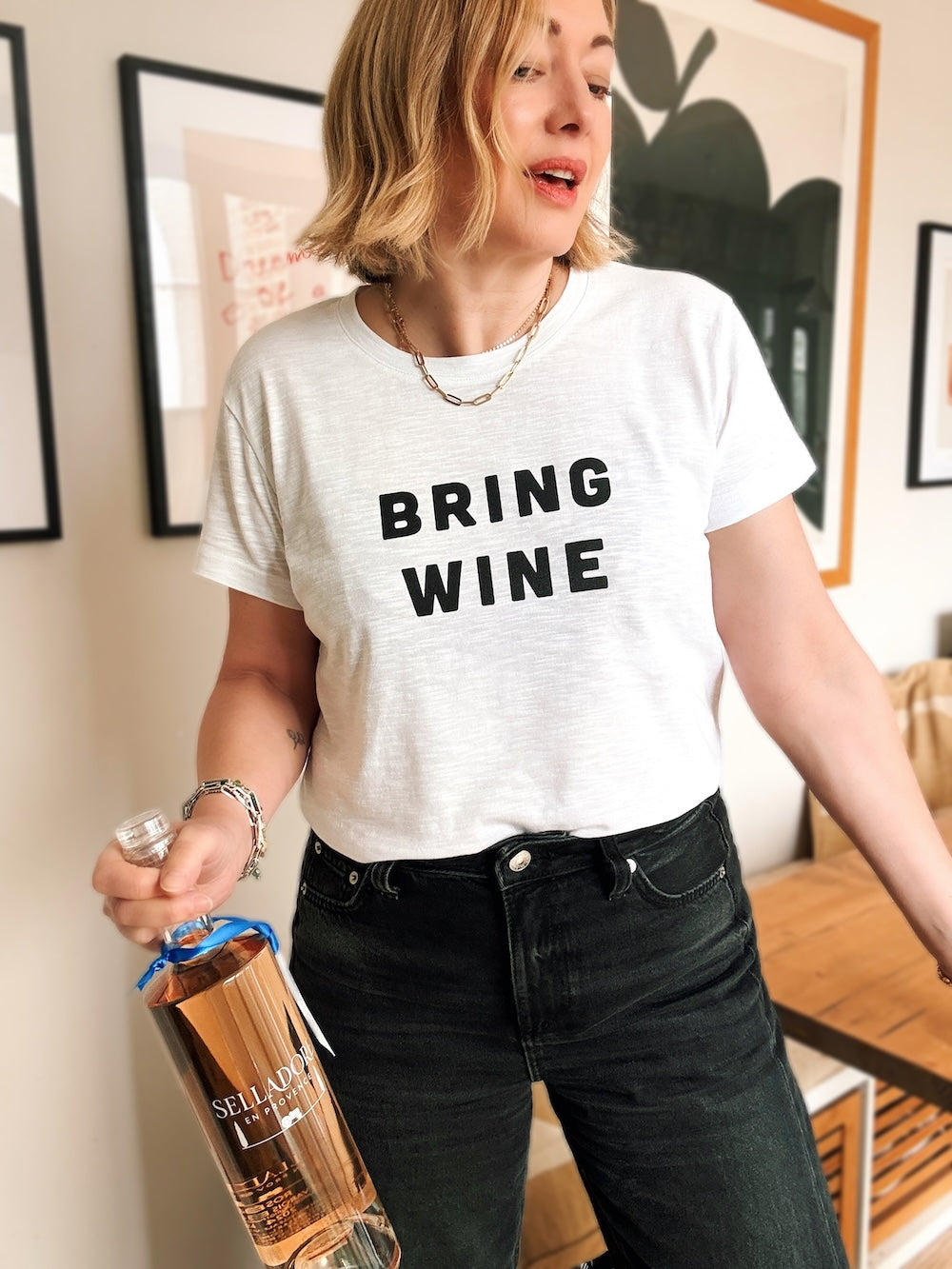 Bring Wine Tee with black slogan