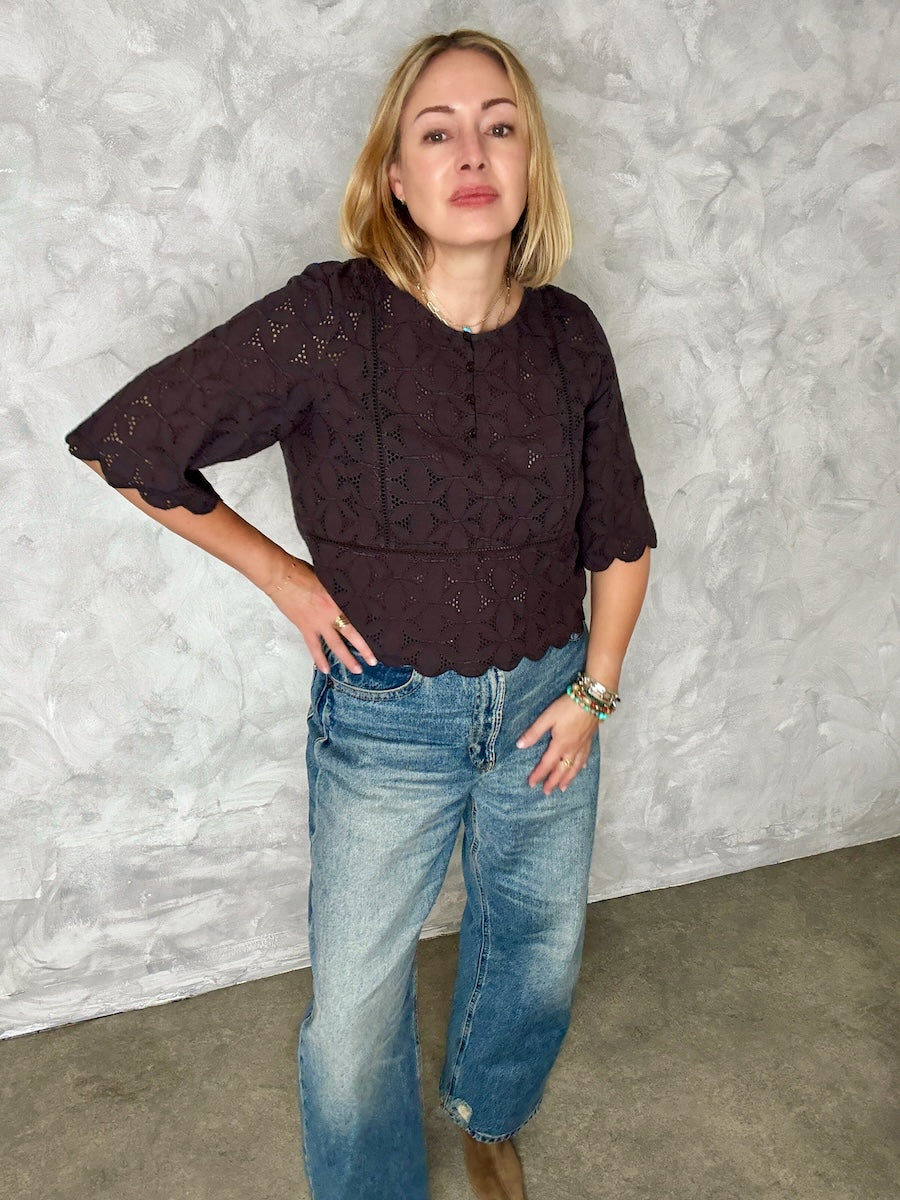 Sadie Broderie Blouse Scalloped Edge Dark Brown
