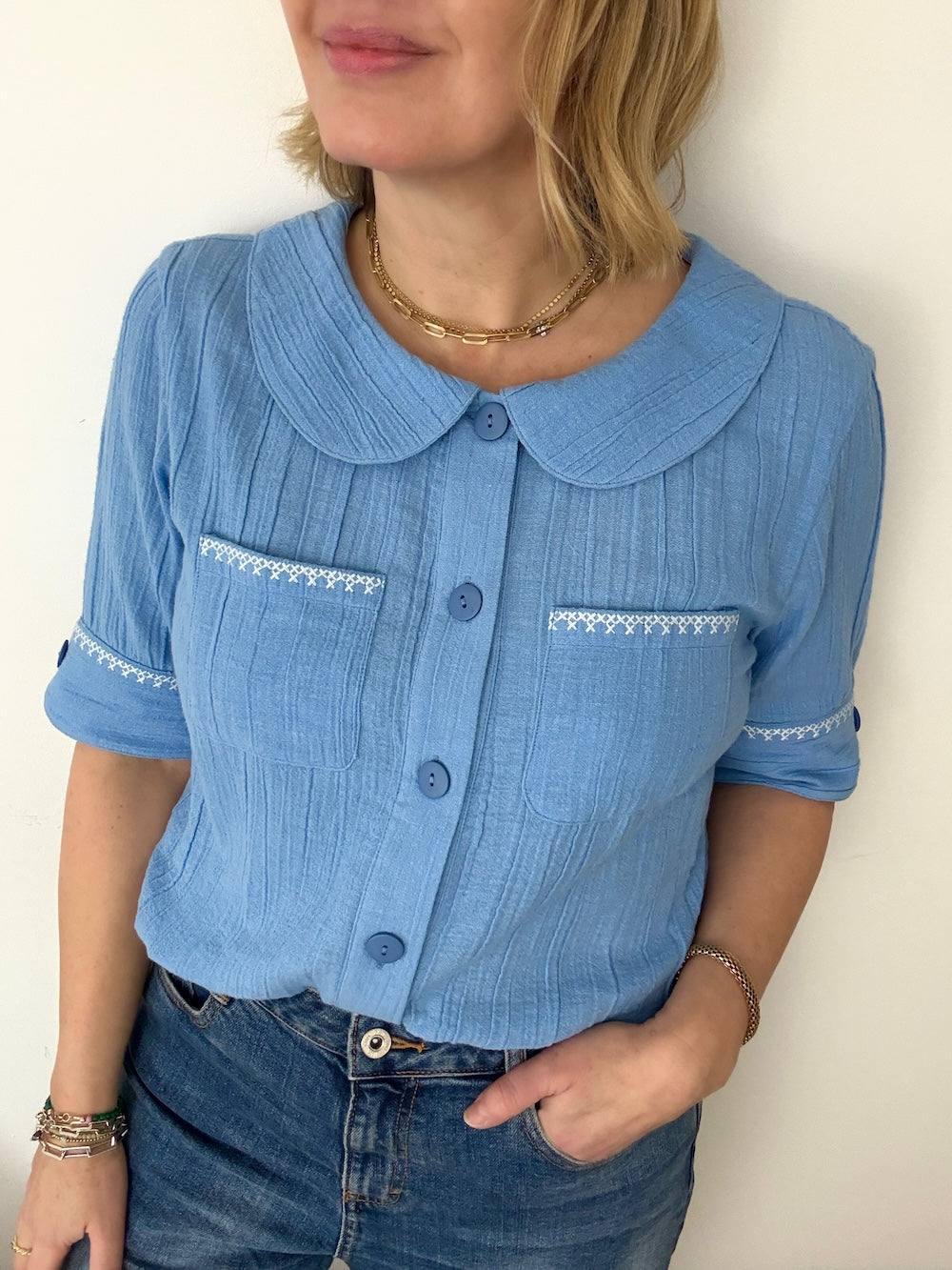Farrah Crinkle Linen Blend Embroidered Short Sleeve Blouse Sky Blue