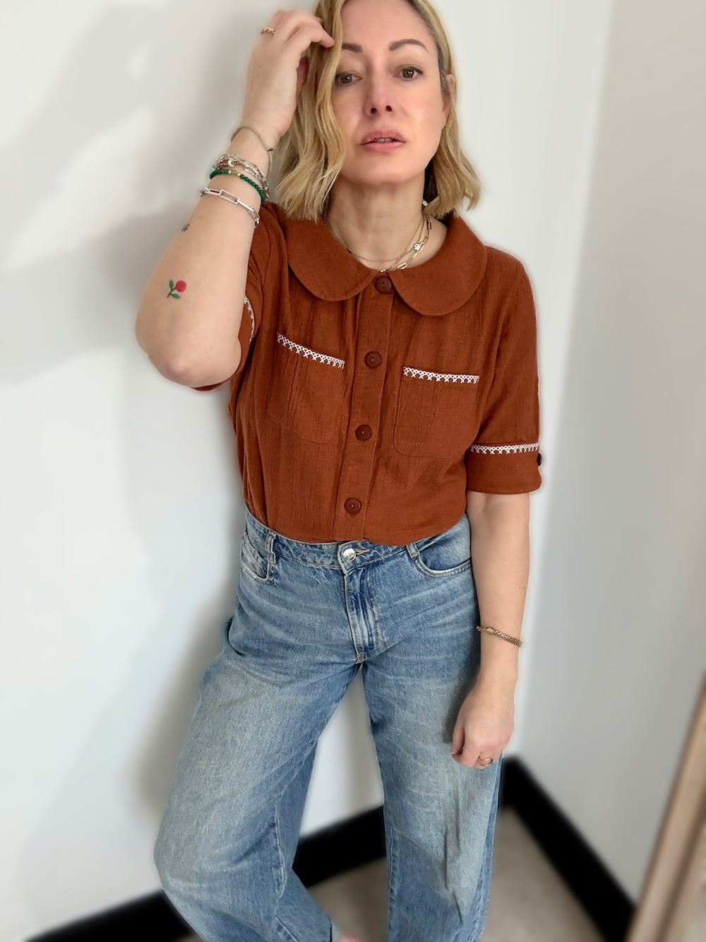 Farrah Crinkle Linen Blend Embroidered Short Sleeve Blouse Gingerbread Brown