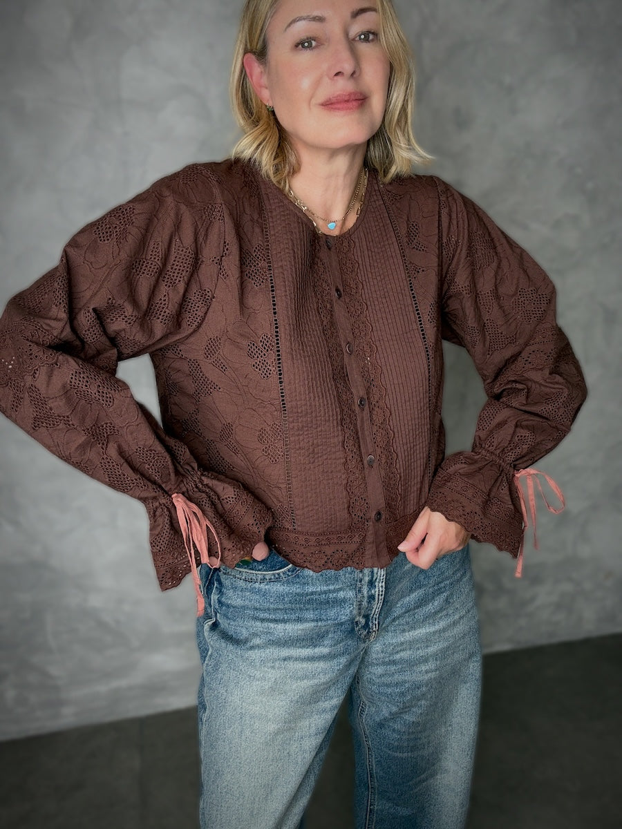 Romantic soft brown lace boho style blouse with exaggerated lace cuff