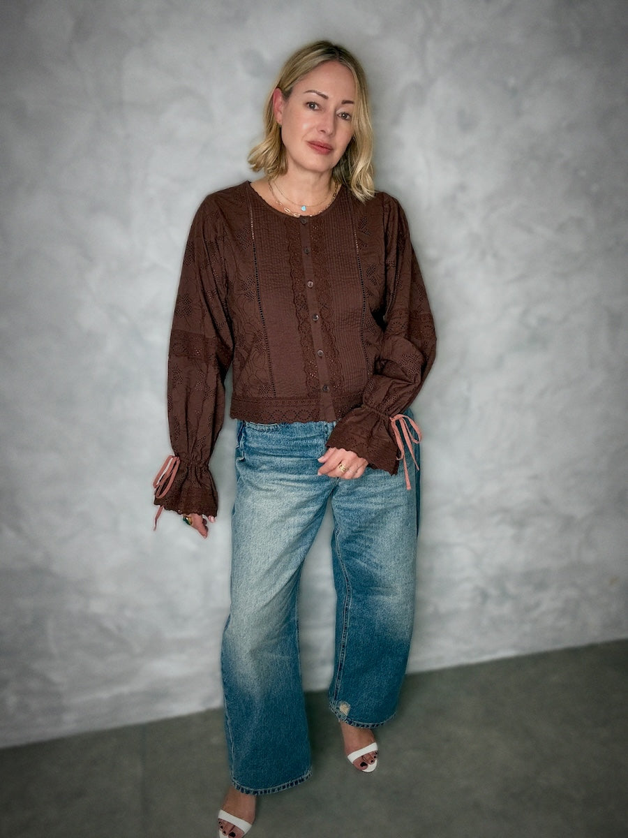 brown lace romantic blouse