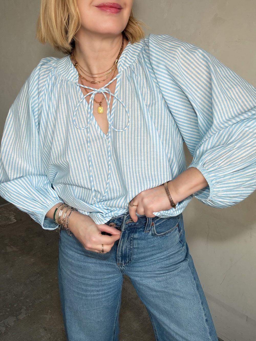Emily Poet Blouse Powder Blue Stripe