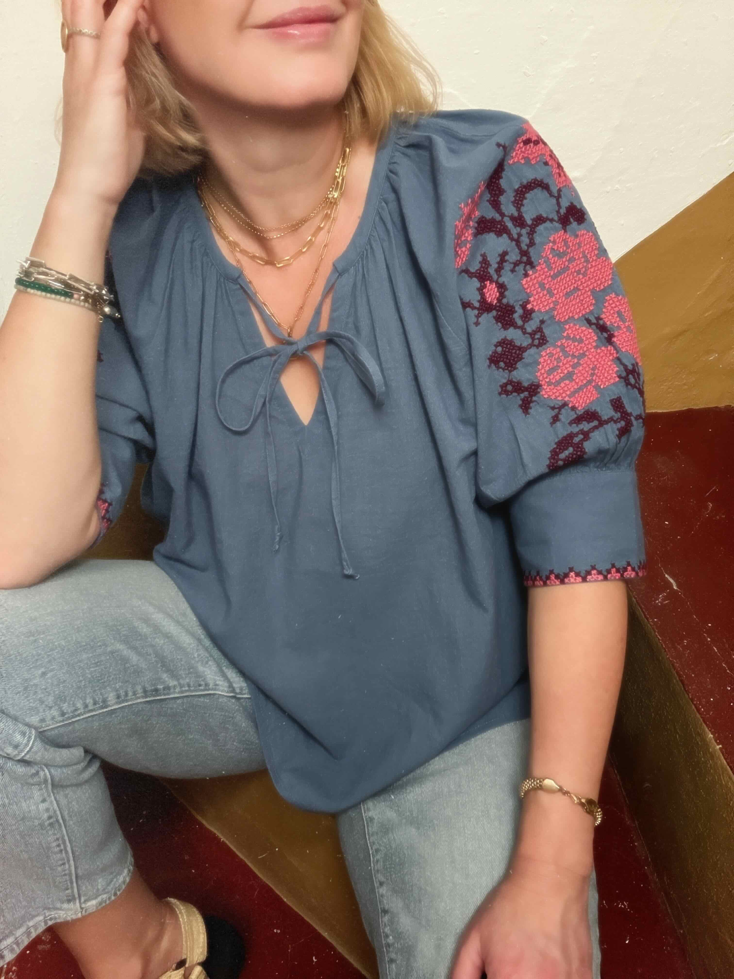 Gracey Boho Blouse Embroidered Sleeve Denim Blue