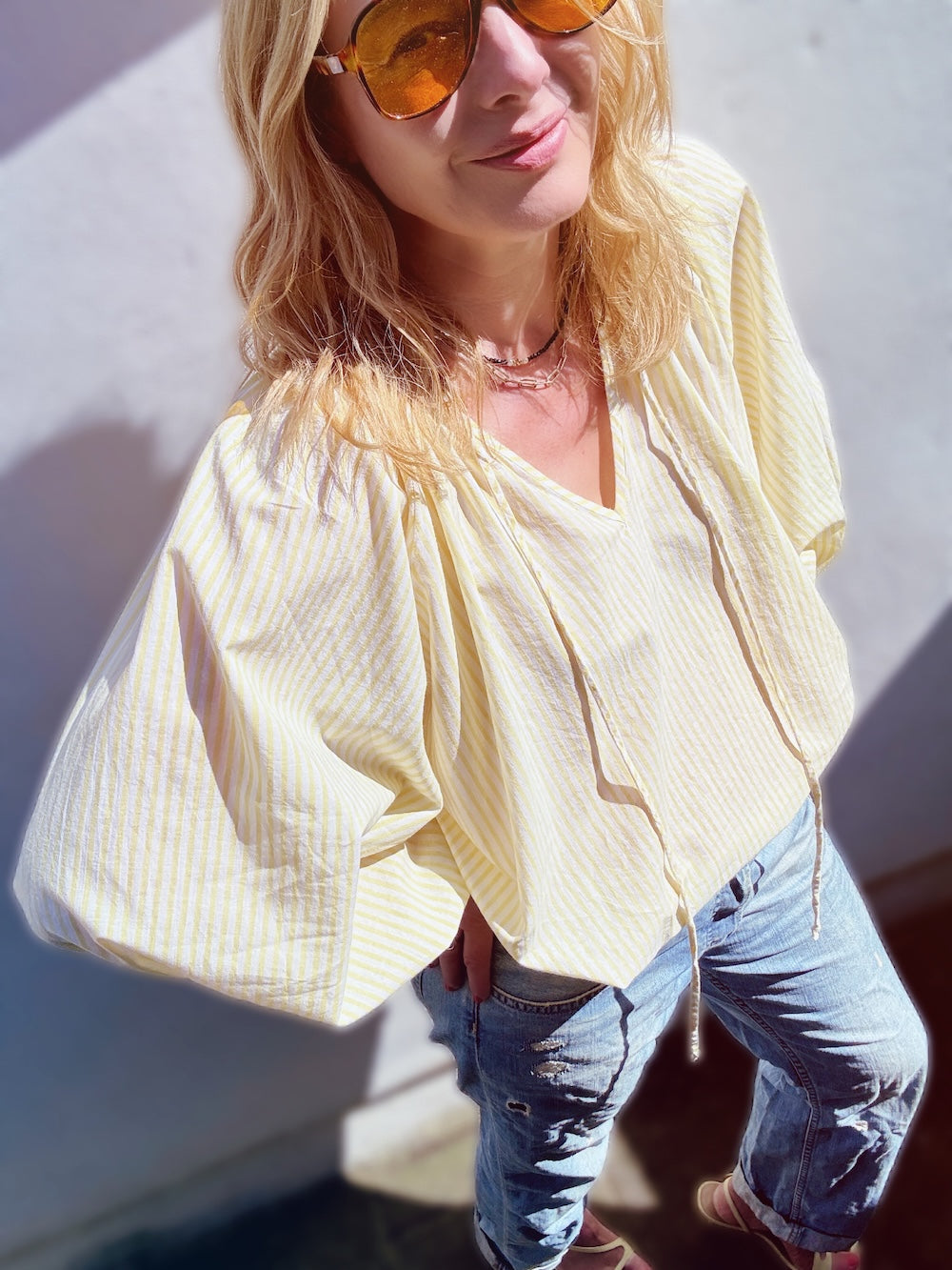 Emily Stripe Poet Blouse Organic Cotton Lemon