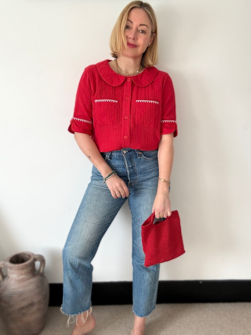 Farrah Crinkle Linen Blend Embroidered Short Sleeve Blouse Red