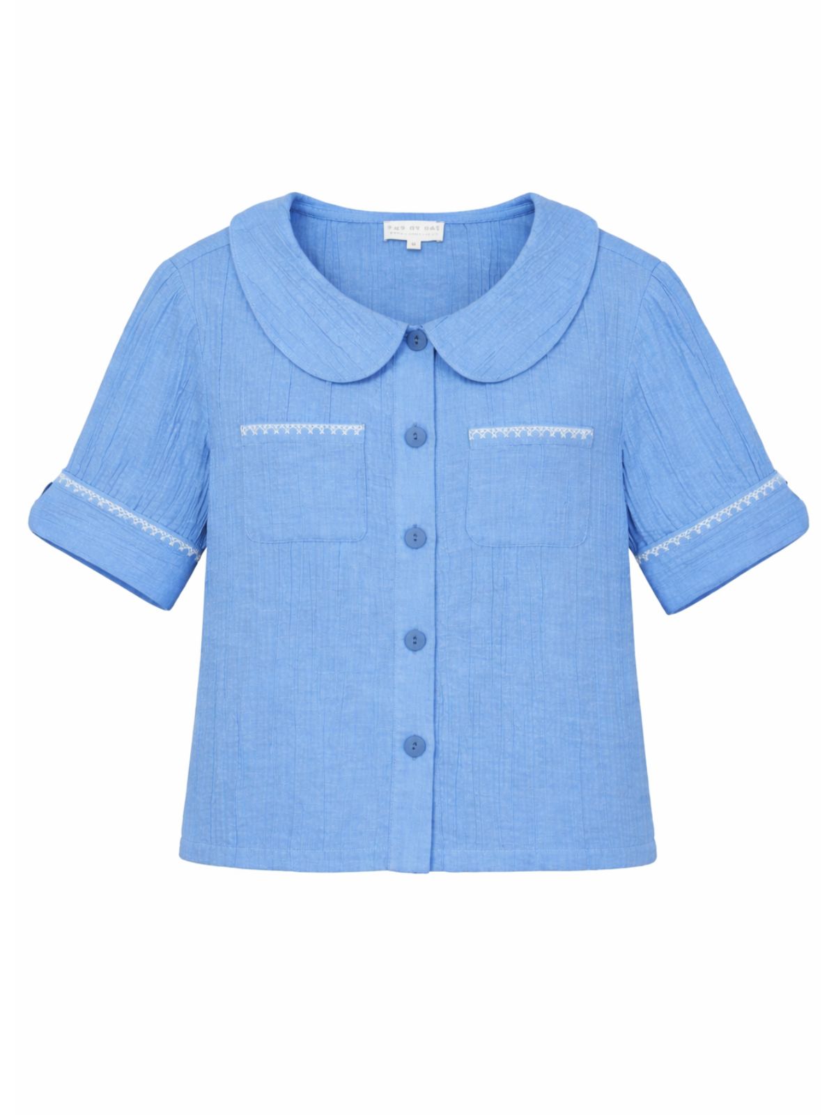 Farrah Crinkle Linen Blend Embroidered Short Sleeve Blouse Sky Blue