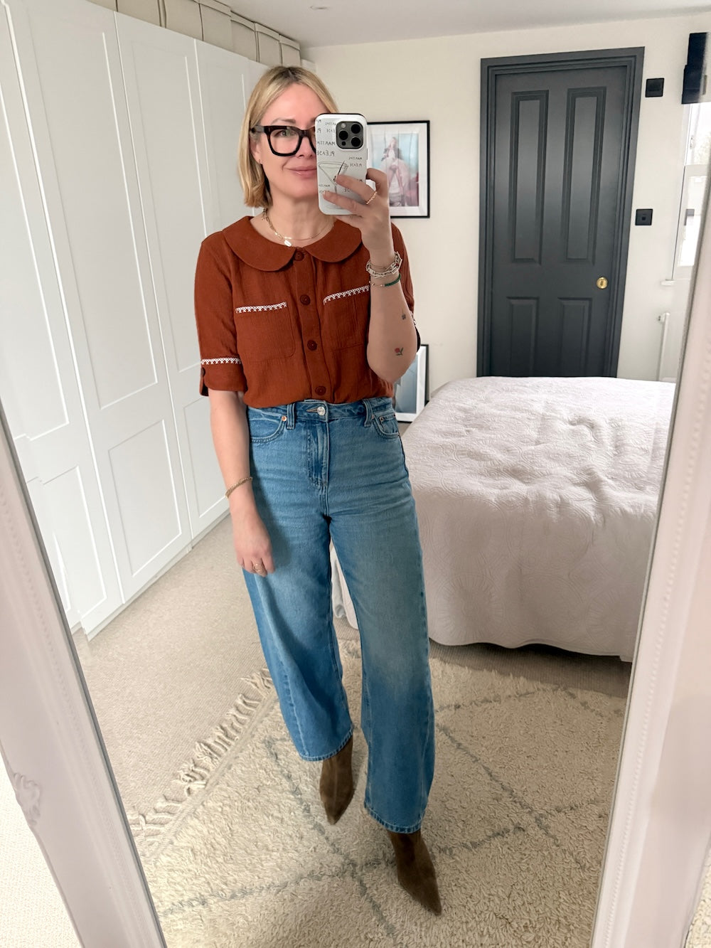 Farrah Crinkle Linen Blend Embroidered Short Sleeve Blouse Gingerbread Brown