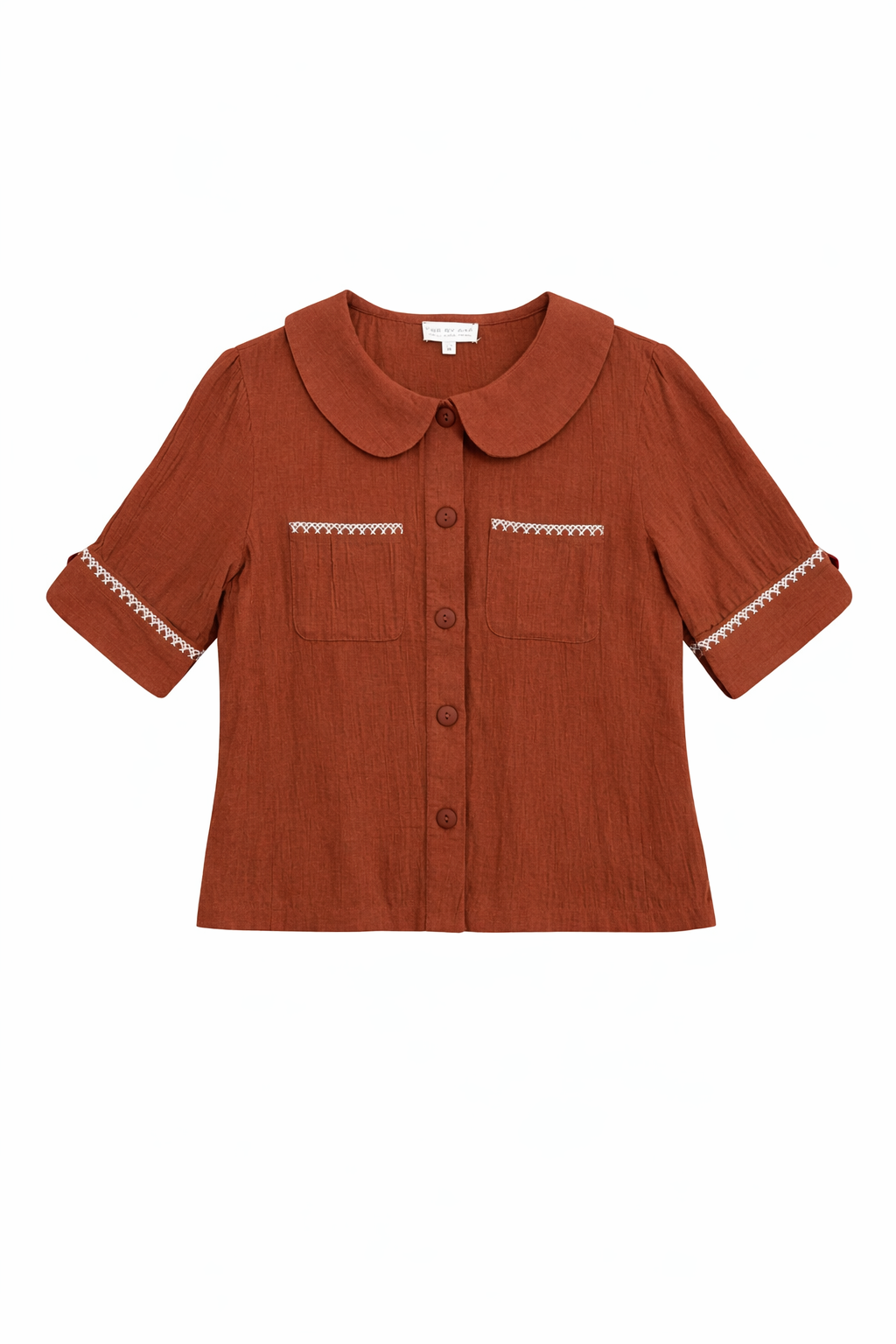 Farrah Crinkle Linen Blend Embroidered Short Sleeve Blouse Gingerbread Brown
