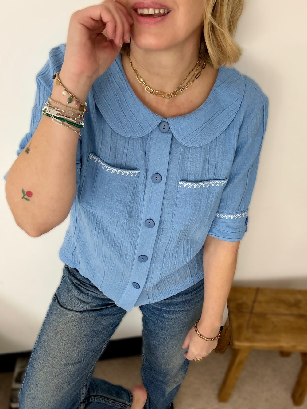 Farrah Crinkle Linen Blend Embroidered Short Sleeve Blouse Sky Blue
