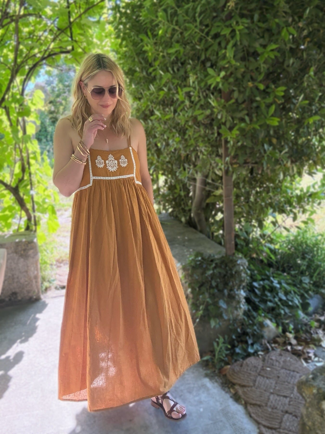 Florence Embroidered Linen Maxi Dress Mustard Gold