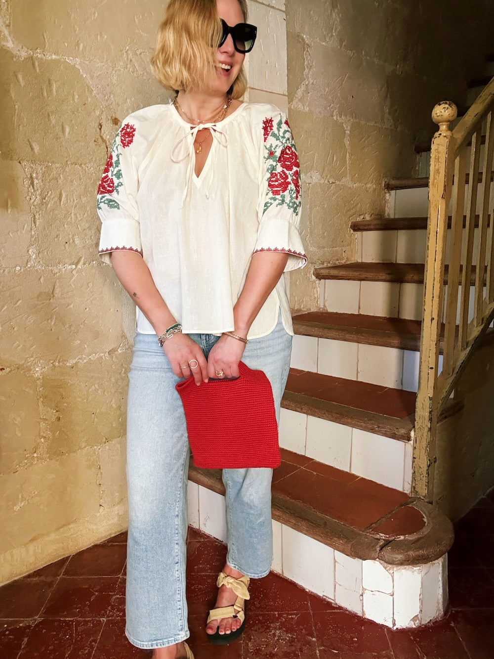 Gracey Boho Blouse Embroidered Sleeve Cream