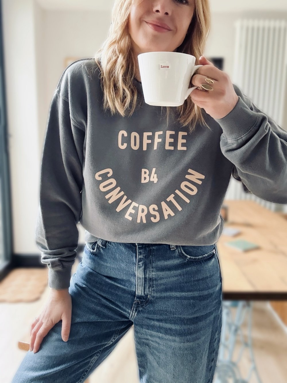 coffee before conversation sweatshirt | fwp by rae | women's slogan sweatshirt