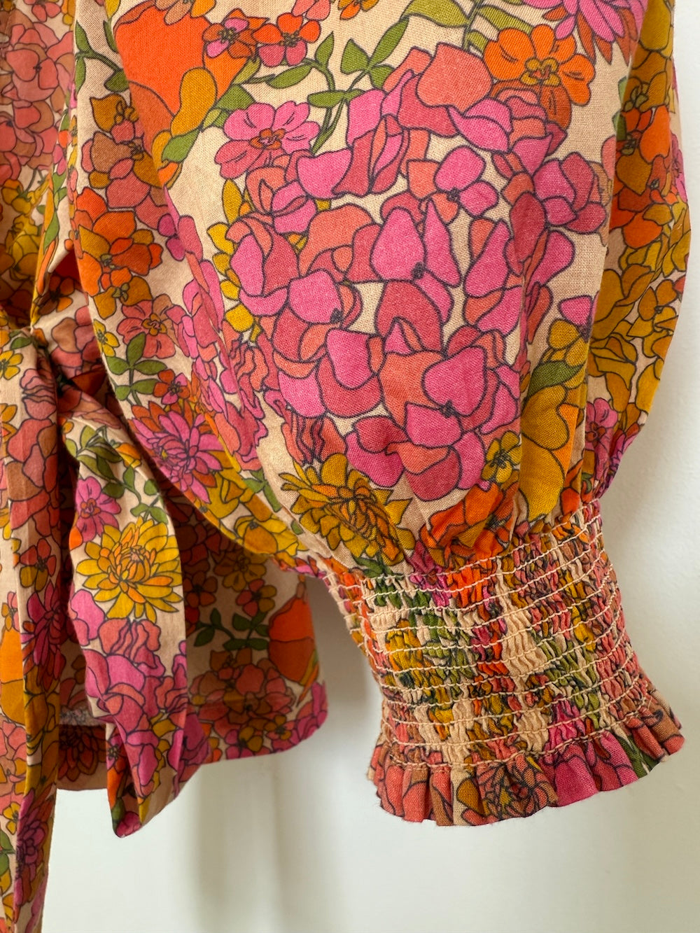 Cara Wrap Blouse with Shirred Cuff Vintage Floral Bloom