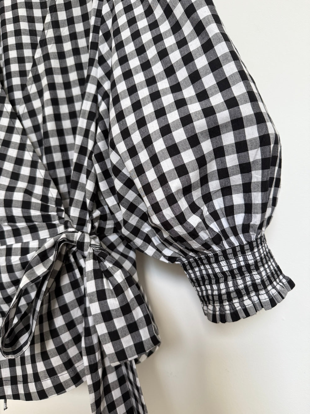 Cara Wrap Blouse with Shirred Cuff Gingham check
