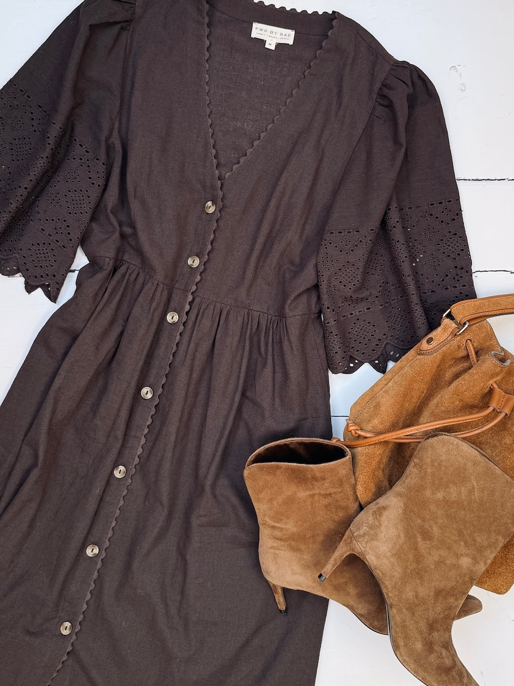 Ava Button Front Dress Lace Cut Sleeves Deep Chocolate Brown