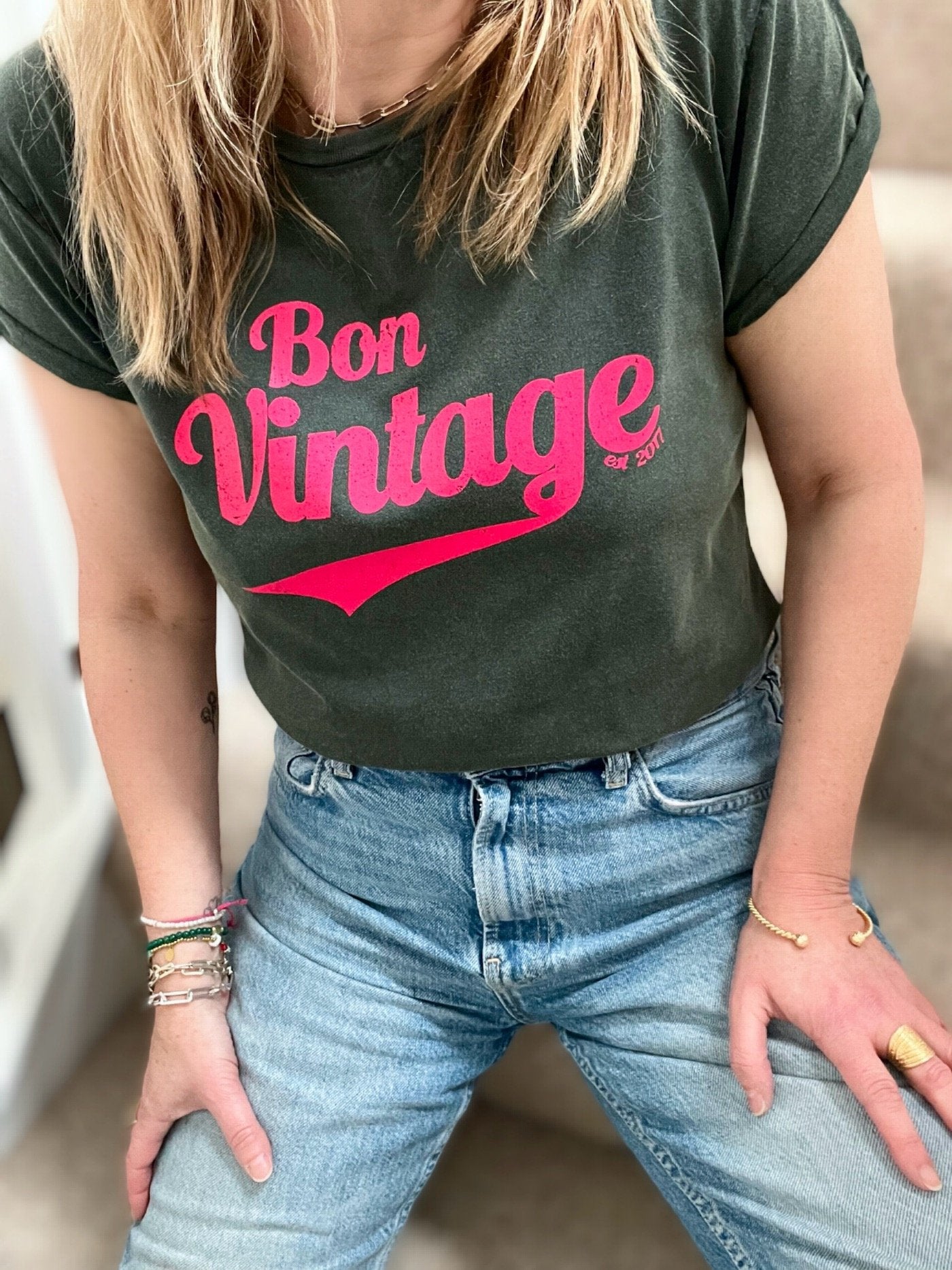 Bon vintage retro tee stone wash green hot pink | fwp by rae | vintage t-shirt