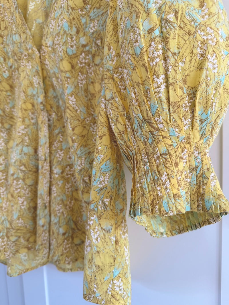 Penny Yellow Floral Olive Print Pleated Cuff Blouse