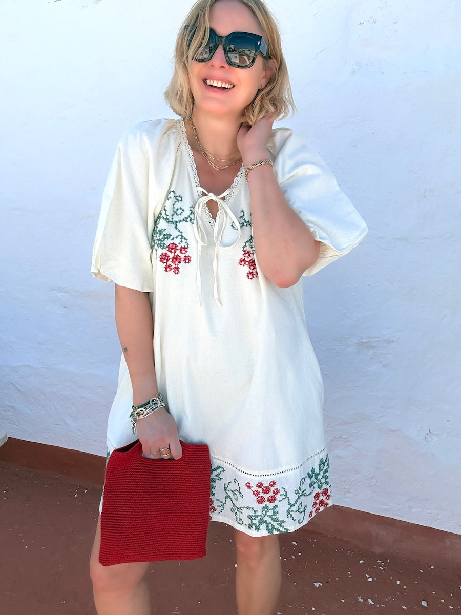 Wendy Short Linen Blend Embroidered Dress Cream