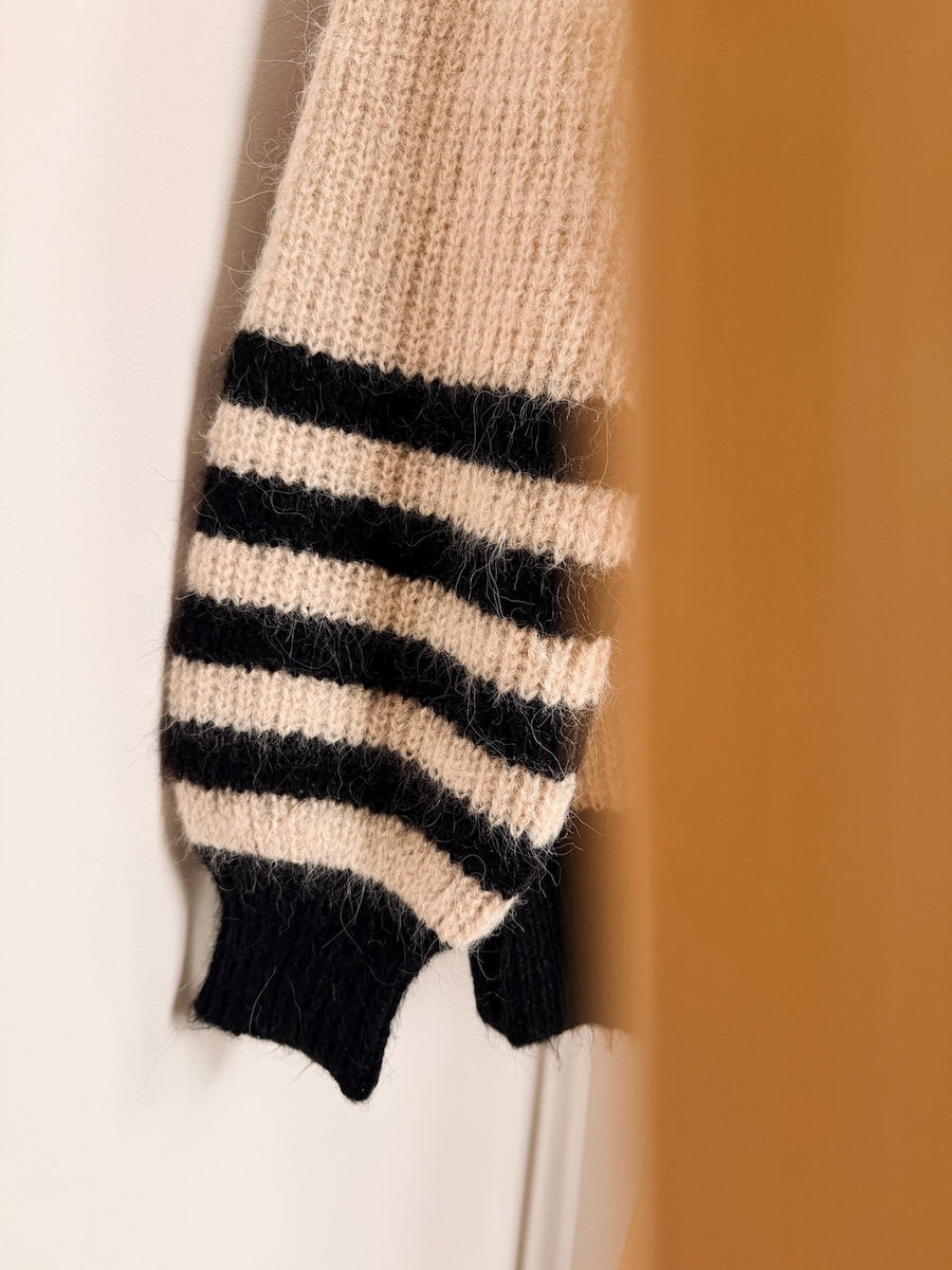 Joni Wide Stripe Wool Cardigan Black Beige