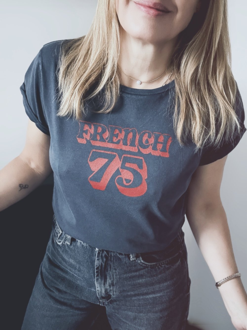 French 75 tee Stone Wash Denim and red | fwp by rae t-shirts